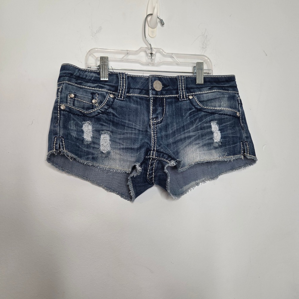 Almost Famous Premium Womens Distressed Denim Shorts Blue Low Rise Size 3‎
